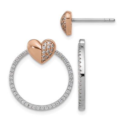SS Rhodium-plated Rose-tone CZ Heart and Open Circle Post Earrings