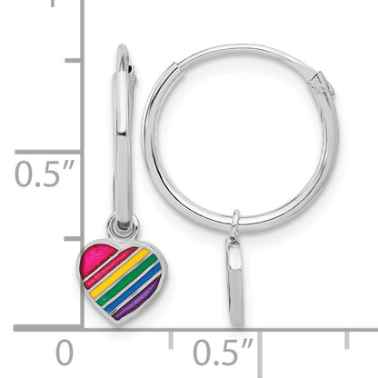 Sterling Silver Rh-plt Enamel Rainbow Heart Dangle Eternity Hoop Earrings