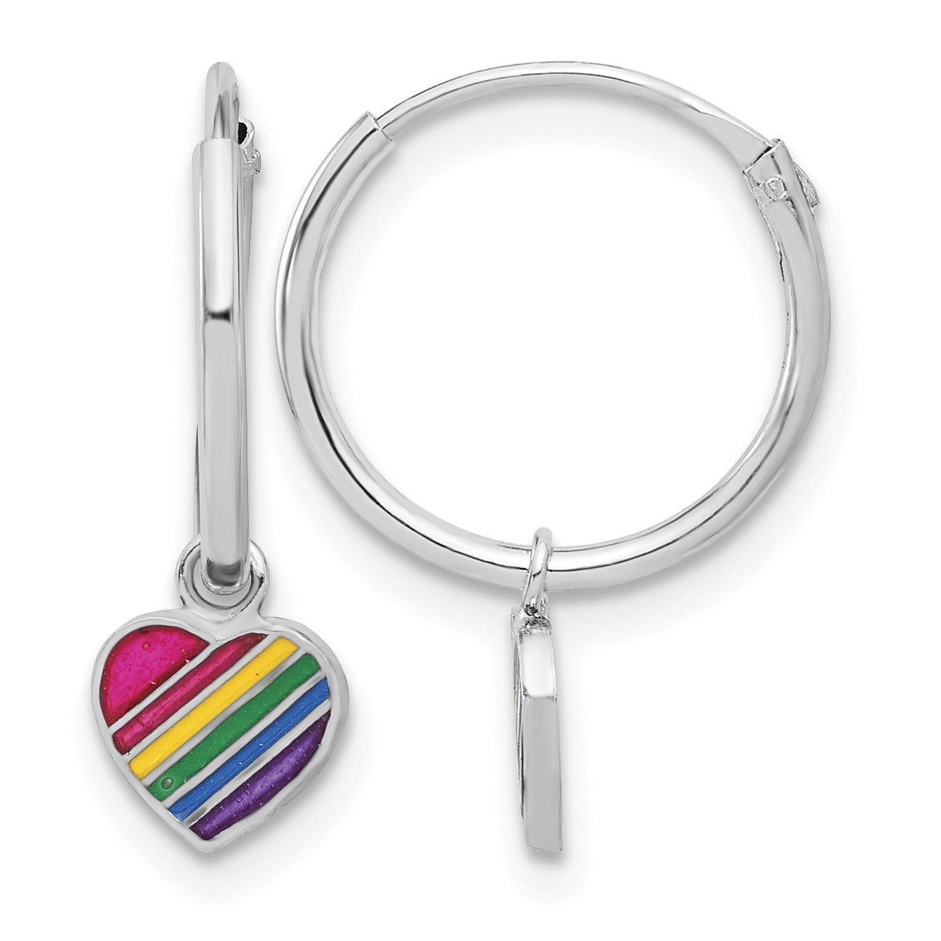 Sterling Silver Rh-plt Enamel Rainbow Heart Dangle Eternity Hoop Earrings