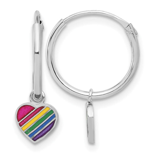 Sterling Silver Rh-plt Enamel Rainbow Heart Dangle Eternity Hoop Earrings