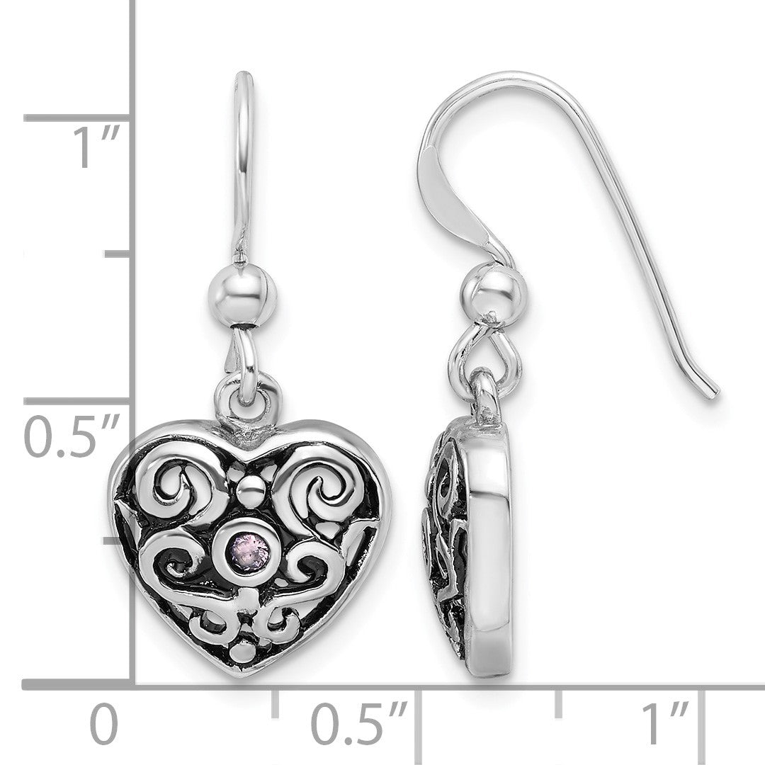 SS Rhodium-plated Antiqued Pink CZ Filigree Heart Dangle Earrings