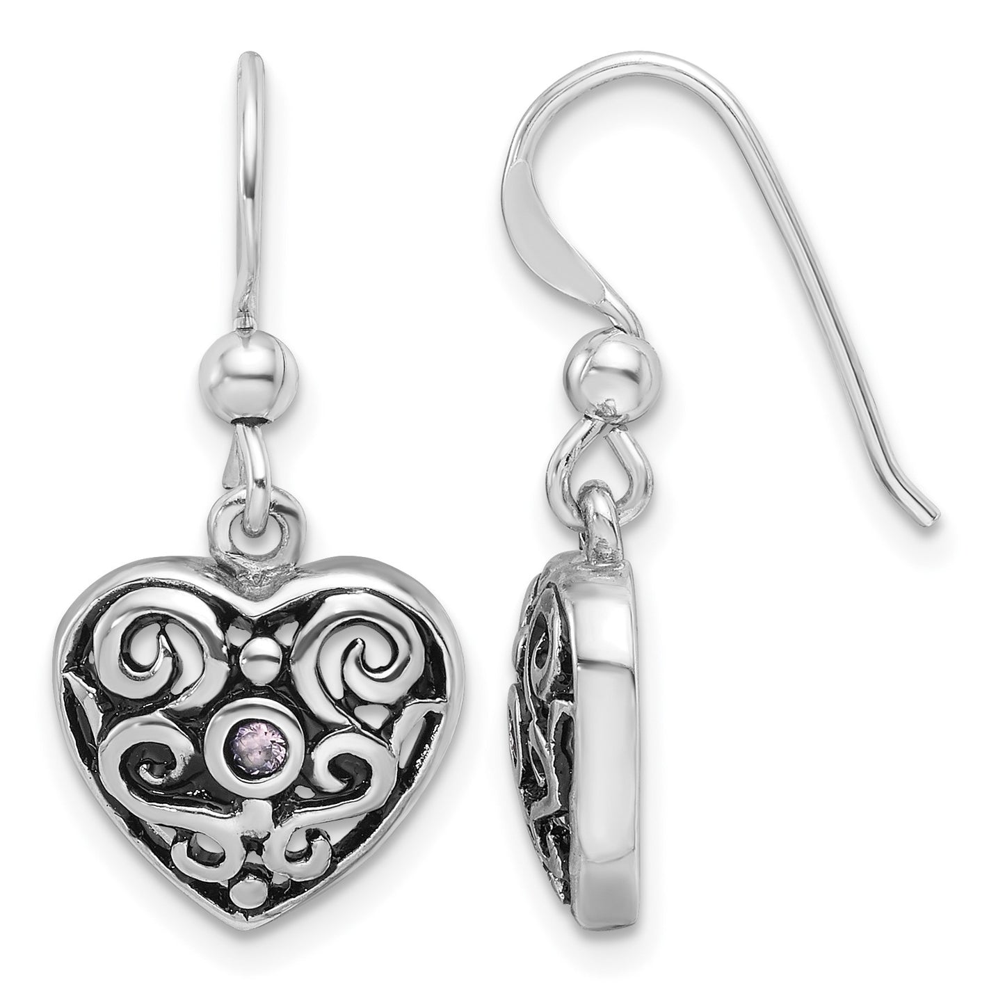 SS Rhodium-plated Antiqued Pink CZ Filigree Heart Dangle Earrings
