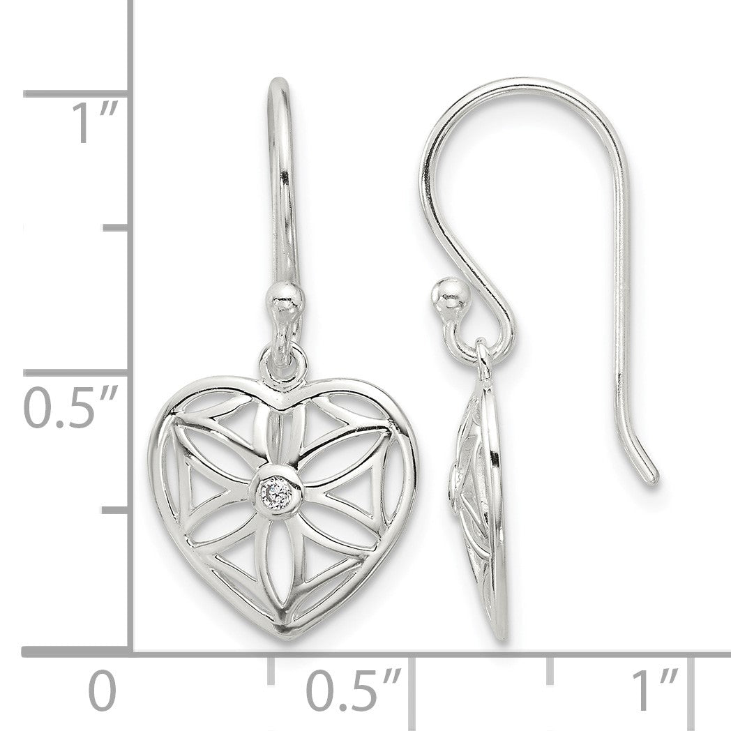 Sterling Silver E-coated with CZ Heart Shepherd Hook Dangle Earrings
