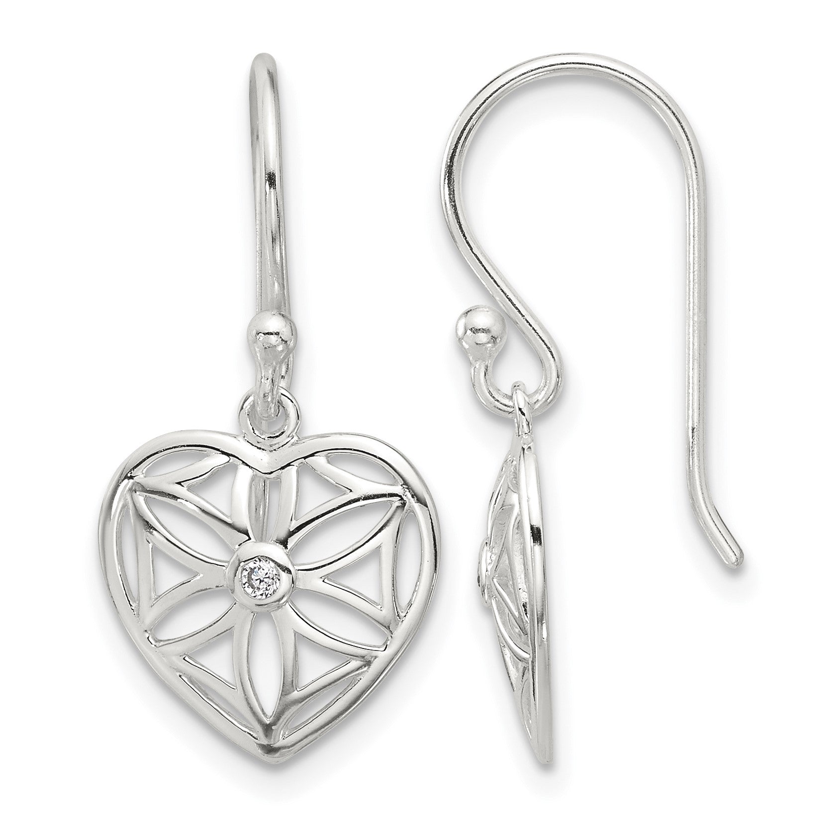 Sterling Silver E-coated with CZ Heart Shepherd Hook Dangle Earrings