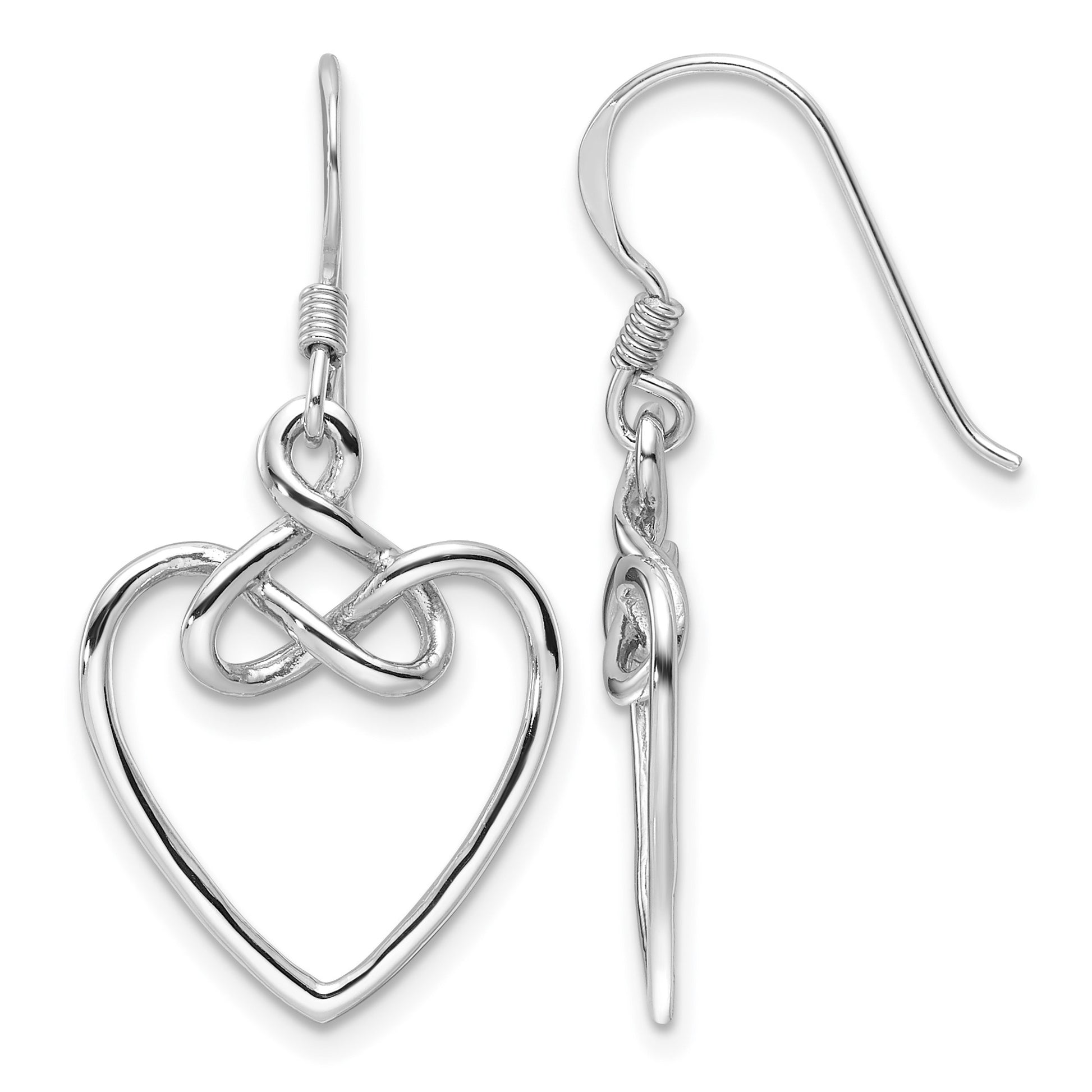 Sterling Silver Rhodium-Plated Polished Dangle Knotted Heart Earrings
