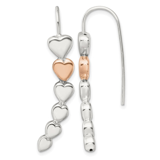 Sterling Silver and Rose-tone Polished Heart Shepherd Hook Earrings