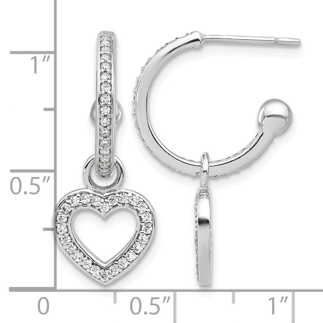 Sterling Silver Rhod-plated Polished CZ Dangle Heart Hoop Post Earrings
