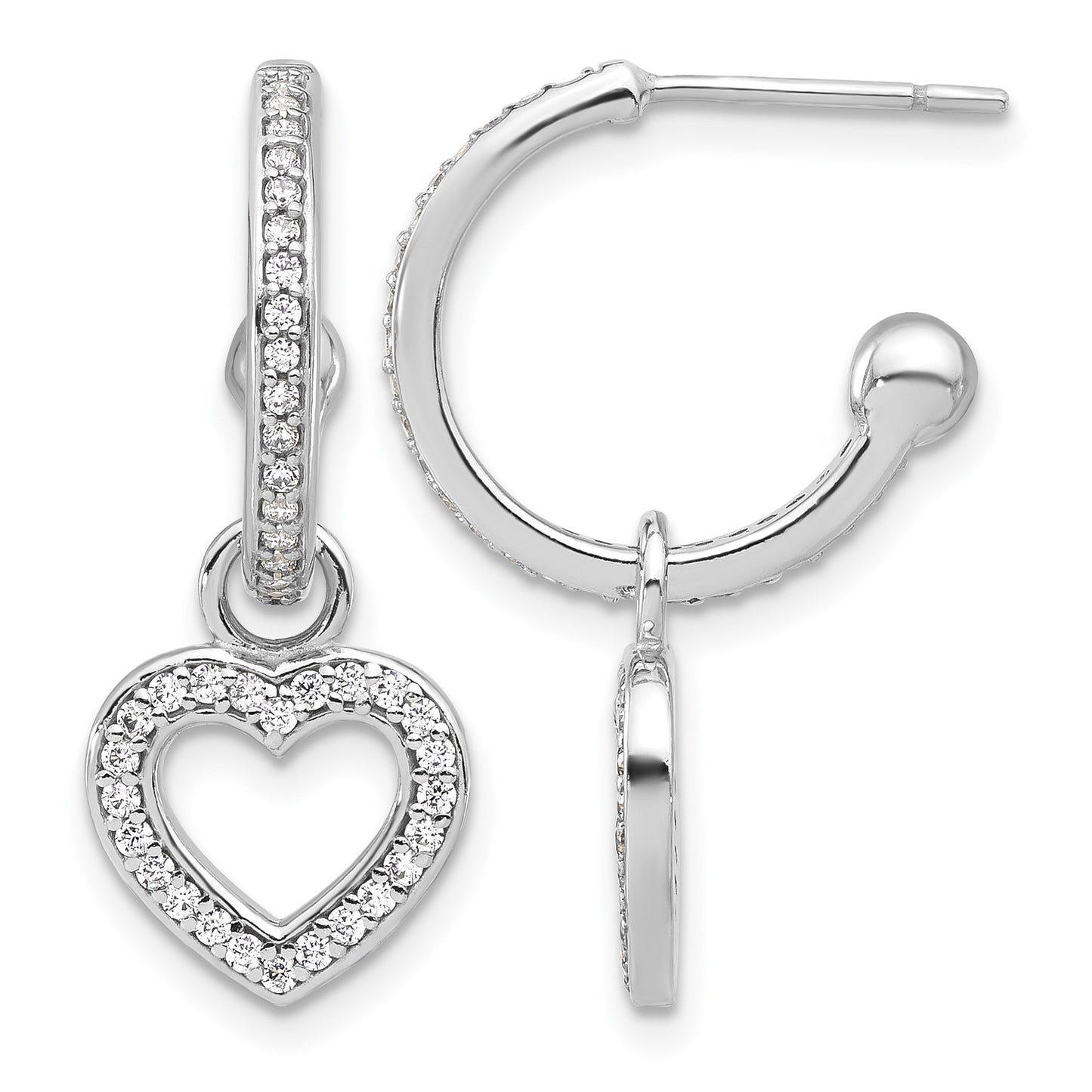 Sterling Silver Rhod-plated Polished CZ Dangle Heart Hoop Post Earrings