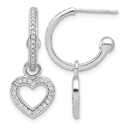 Sterling Silver Rhod-plated Polished CZ Dangle Heart Hoop Post Earrings