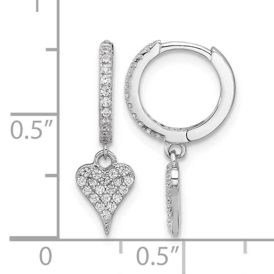 Sterling Silver Rhodium-plated CZ Heart Dangle Hinged Hoop Earrings