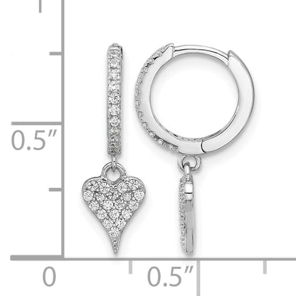 Sterling Silver Rhodium-plated CZ Heart Dangle Hinged Hoop Earrings
