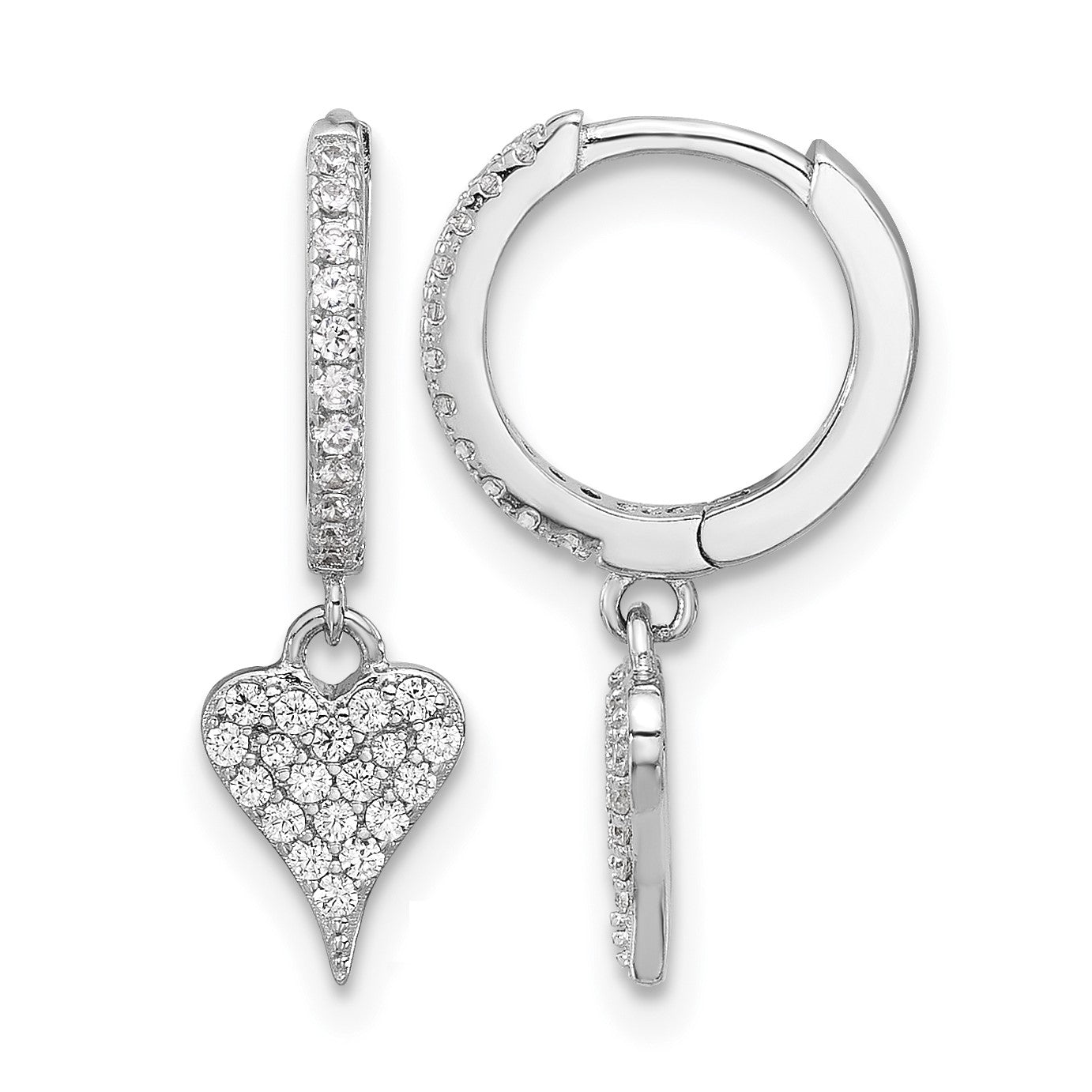 Sterling Silver Rhodium-plated CZ Heart Dangle Hinged Hoop Earrings