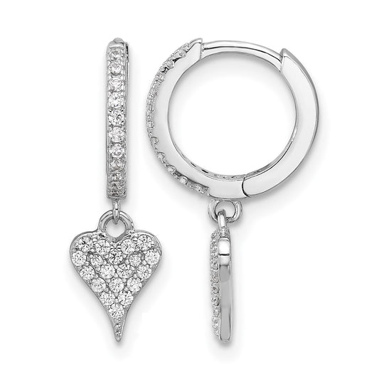 Sterling Silver Rhodium-plated CZ Heart Dangle Hinged Hoop Earrings