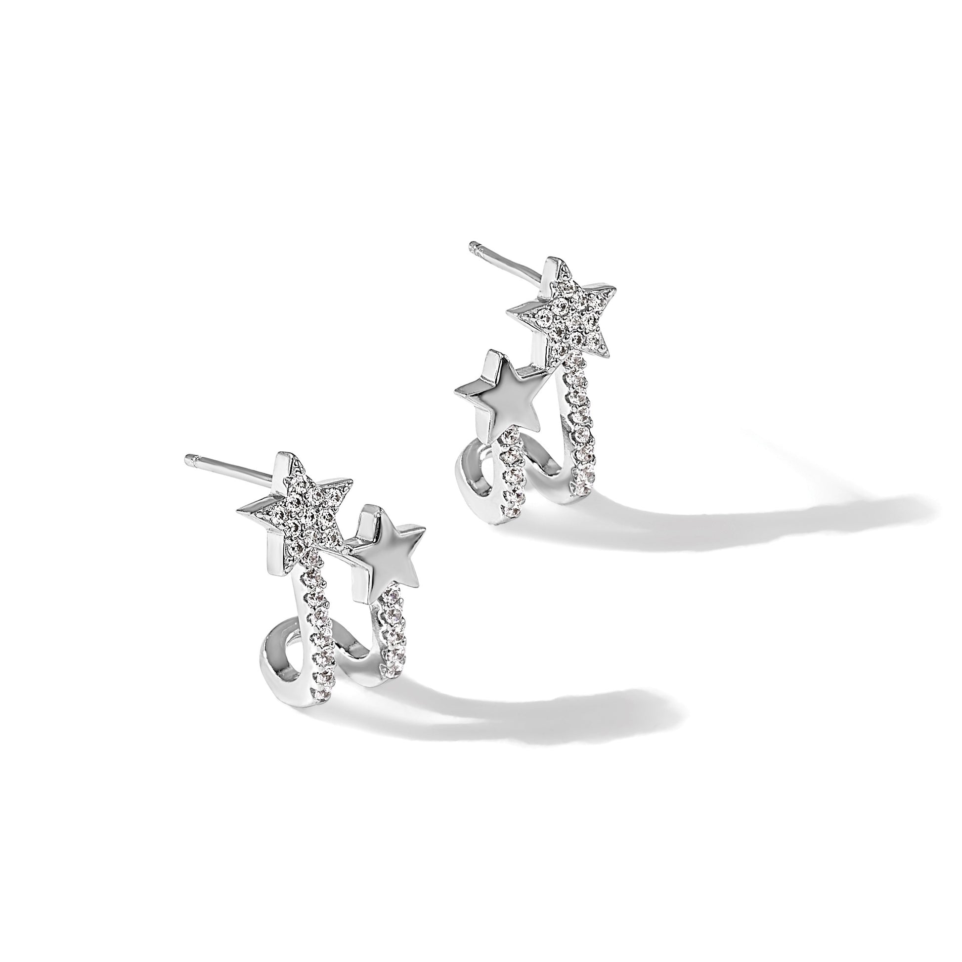 Sterling Silver Rhodium-plated CZ Star Cuff Post Earrings
