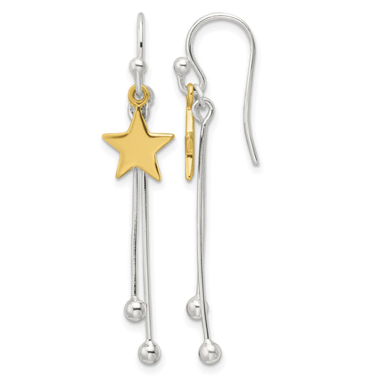 Sterling Silver Gold-tone Polished Star Dangle Earrings