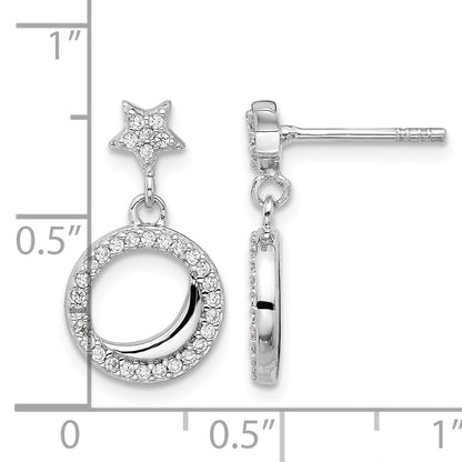 Sterling Silver Rhodium-plated Polished CZ Star Moon Dangle Post Earrings