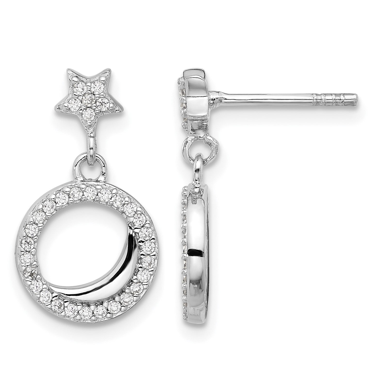 Sterling Silver Rhodium-plated Polished CZ Star Moon Dangle Post Earrings