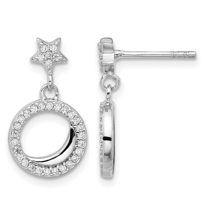 Sterling Silver Rhodium-plated Polished CZ Star Moon Dangle Post Earrings