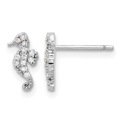 Sterling Silver Rhodium-plated Polished CZ Seahorse Post Earrings