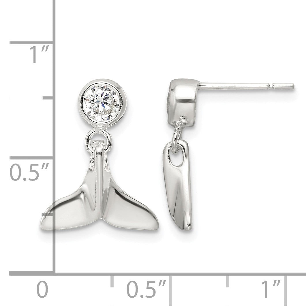 Sterling Silver Polished CZ Whale Tail Post Dangle Earrings