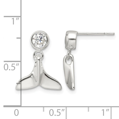 Sterling Silver Polished CZ Whale Tail Post Dangle Earrings