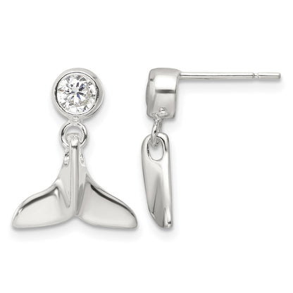 Sterling Silver Polished CZ Whale Tail Post Dangle Earrings