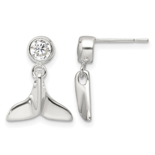 Sterling Silver Polished CZ Whale Tail Post Dangle Earrings