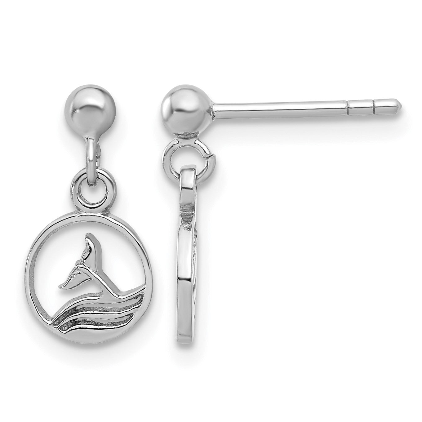 Sterling Silver Rhodium-plated Whale/Dolphin Tail Post Dangle Drop Earrings