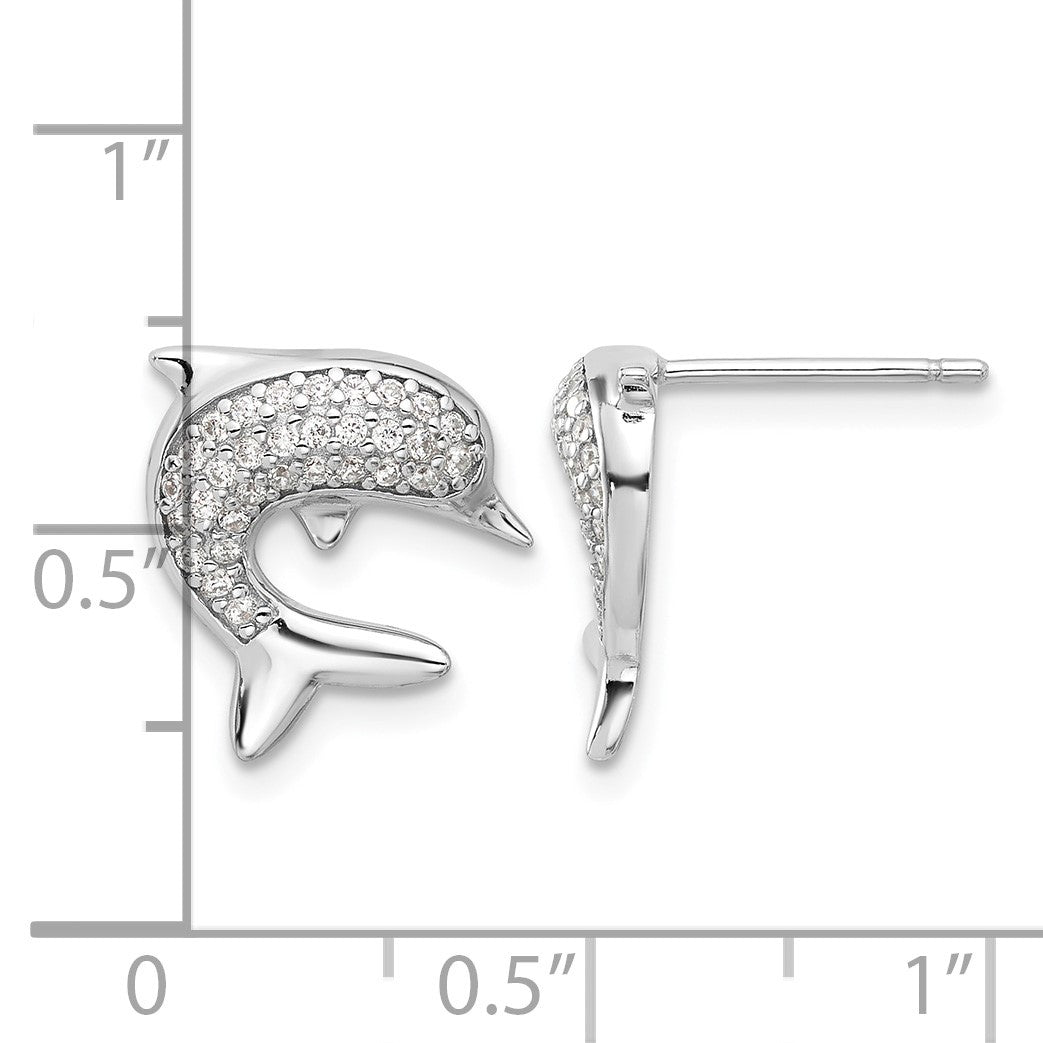 Sterling Silver Rhodium-plated CZ Dolphin Post Earrings