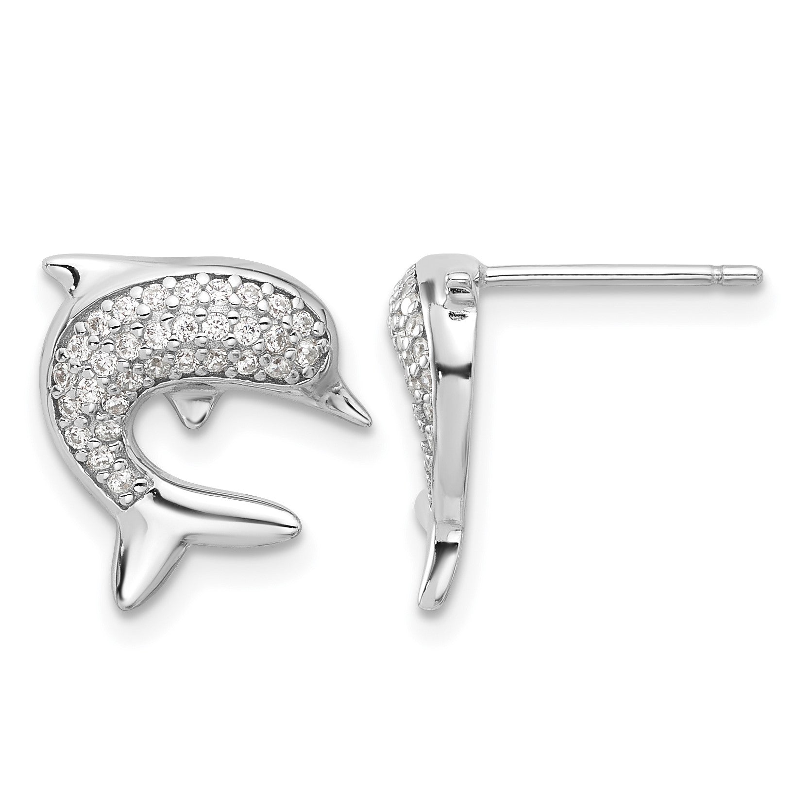 Sterling Silver Rhodium-plated CZ Dolphin Post Earrings