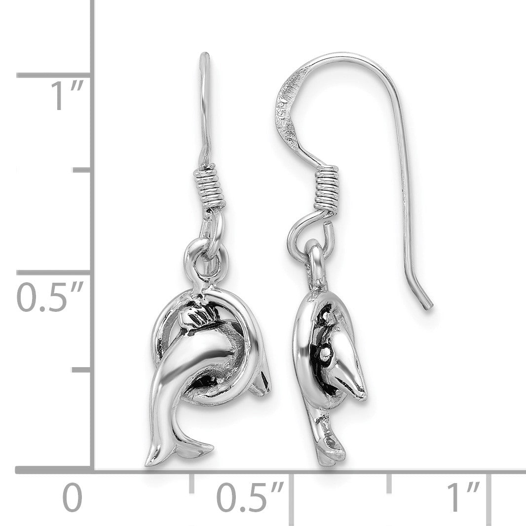 Sterling Silver Rhodium-plated Antiqued Dolphin Shepherd Hook Earrings