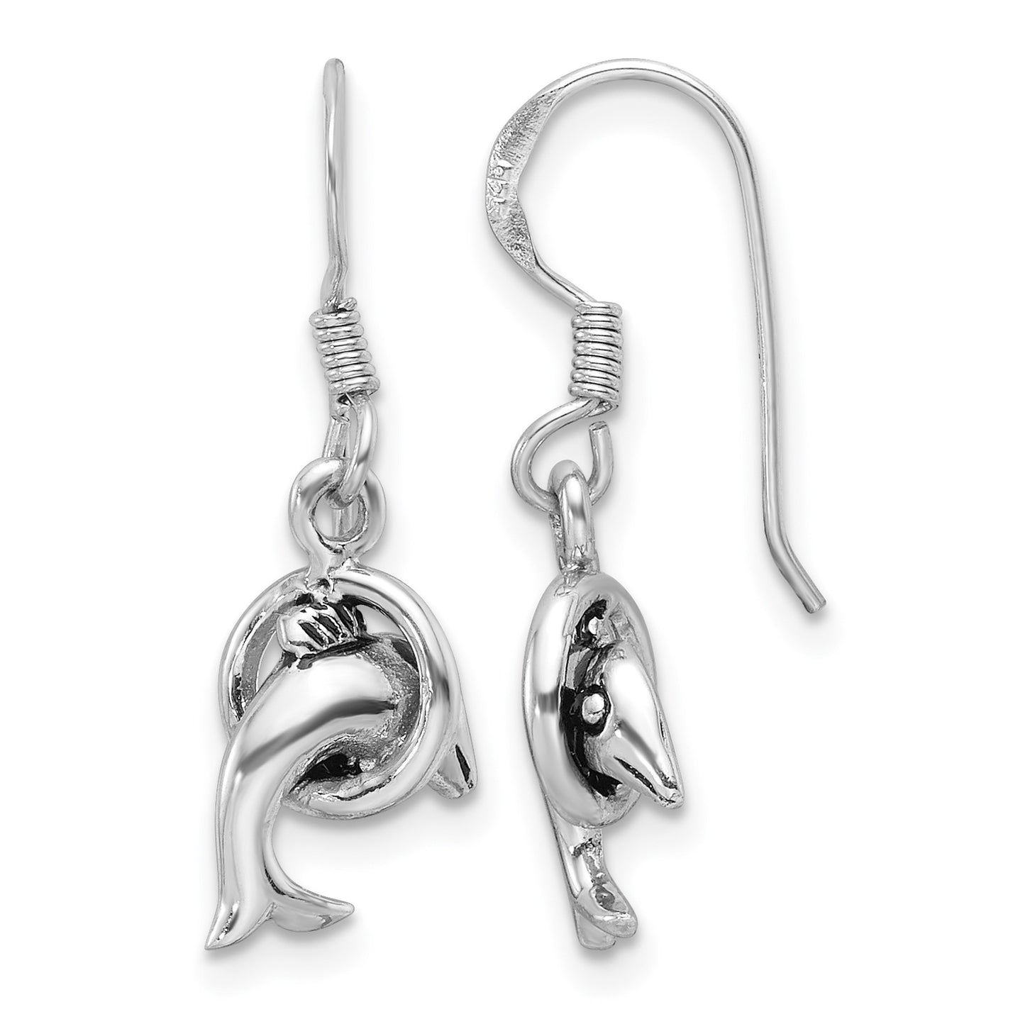 Sterling Silver Rhodium-plated Antiqued Dolphin Shepherd Hook Earrings
