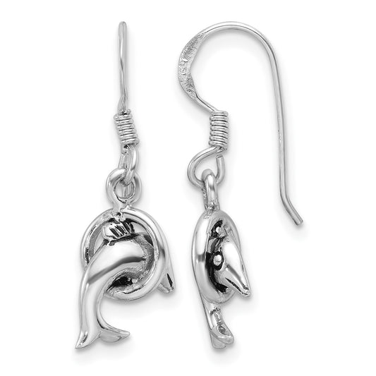 Sterling Silver Rhodium-plated Antiqued Dolphin Shepherd Hook Earrings