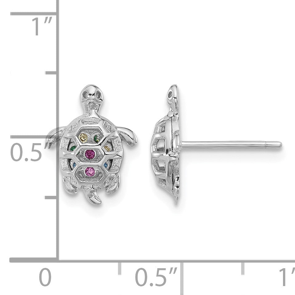 Sterling Silver Rhodium-plated Polished Multi-color CZ Turtle Post Earrings