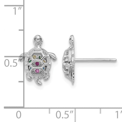 Sterling Silver Rhodium-plated Polished Multi-color CZ Turtle Post Earrings