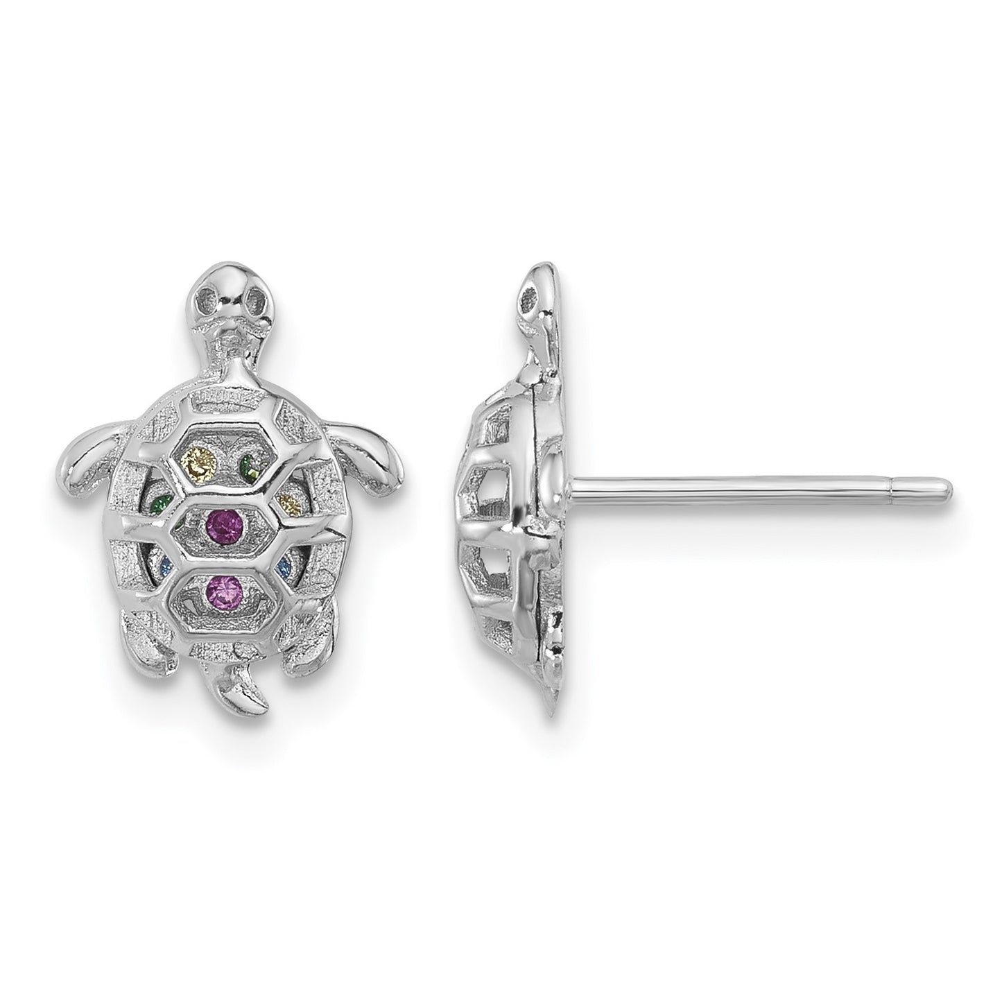 Sterling Silver Rhodium-plated Polished Multi-color CZ Turtle Post Earrings
