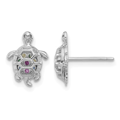 Sterling Silver Rhodium-plated Polished Multi-color CZ Turtle Post Earrings