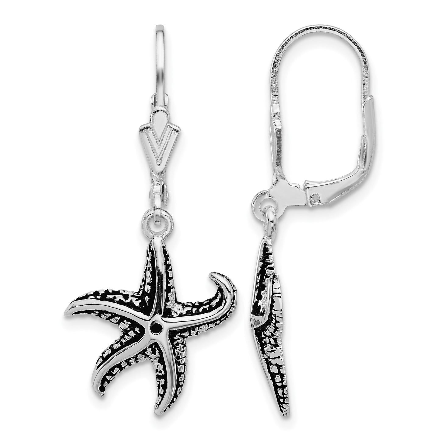 Sterling Silver Rhodium-plated Oxidized Starfish Dangle Leverback Earrings