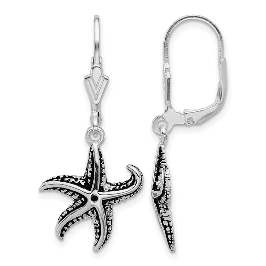 Sterling Silver Rhodium-plated Oxidized Starfish Dangle Leverback Earrings