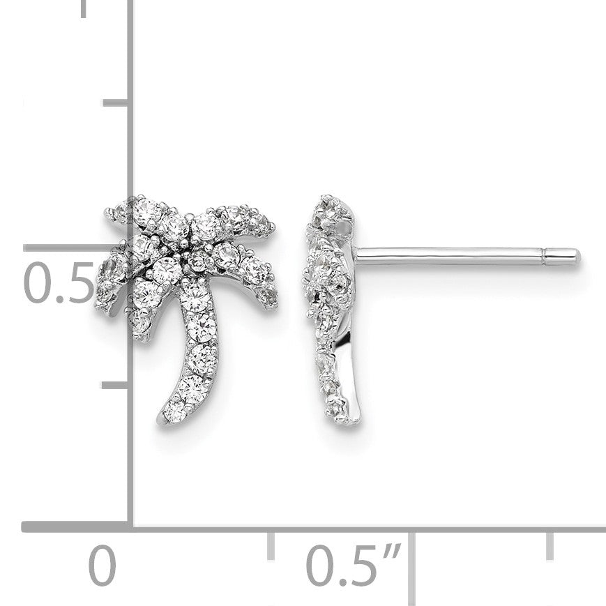 Sterling Silver Rhodium-plated CZ Palm Tree Post Earrings