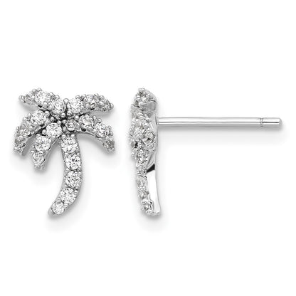 Sterling Silver Rhodium-plated CZ Palm Tree Post Earrings