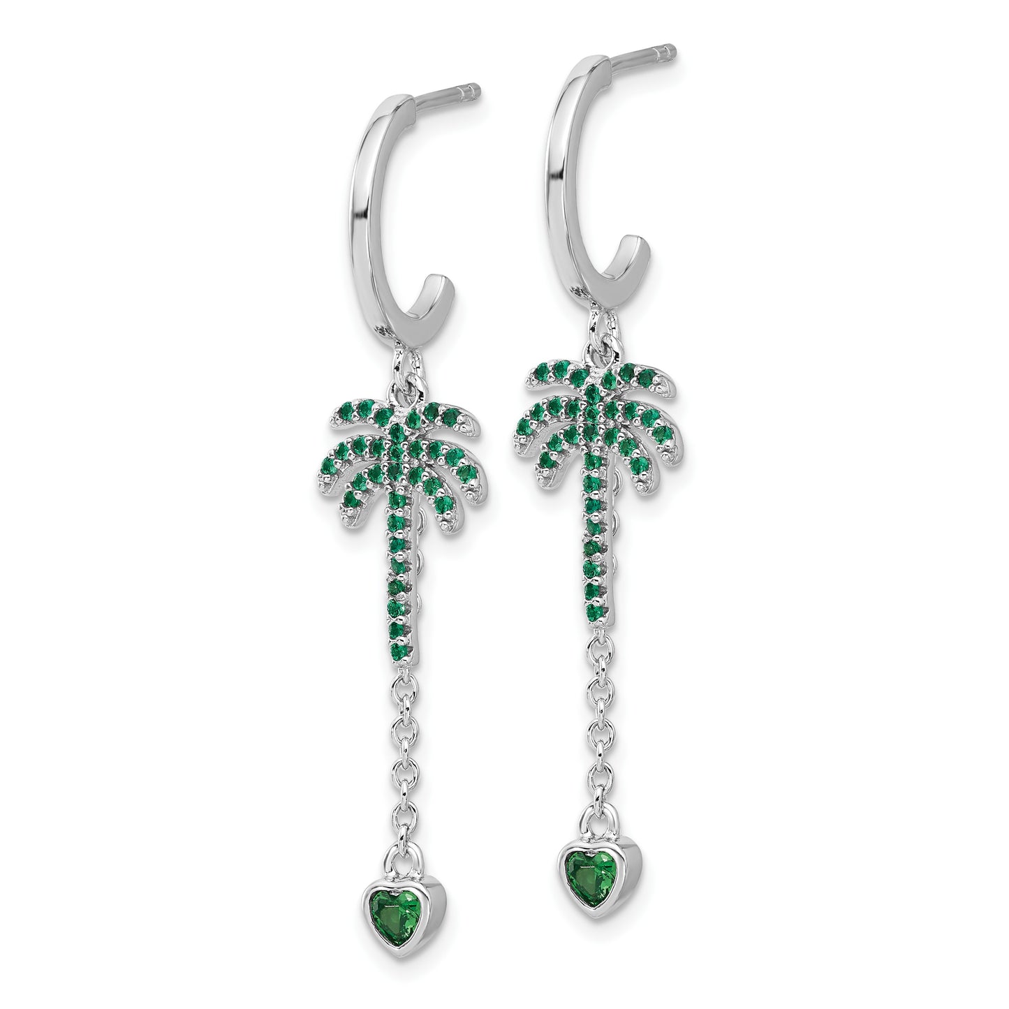 Pure Fire  Sterling Silver Rhod-plated Green CZ Palm Tree Heart Post Hoop E