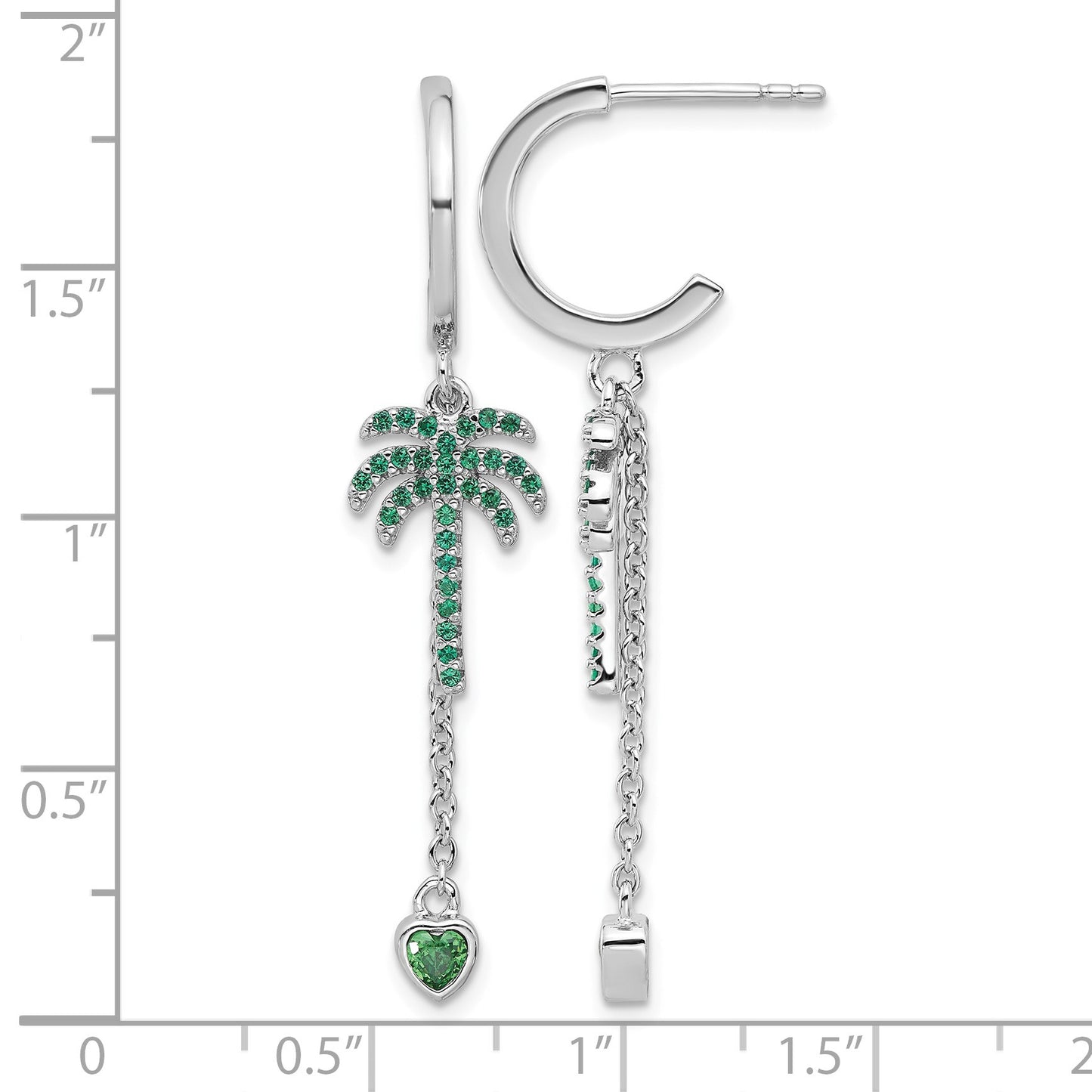 Pure Fire  Sterling Silver Rhod-plated Green CZ Palm Tree Heart Post Hoop E