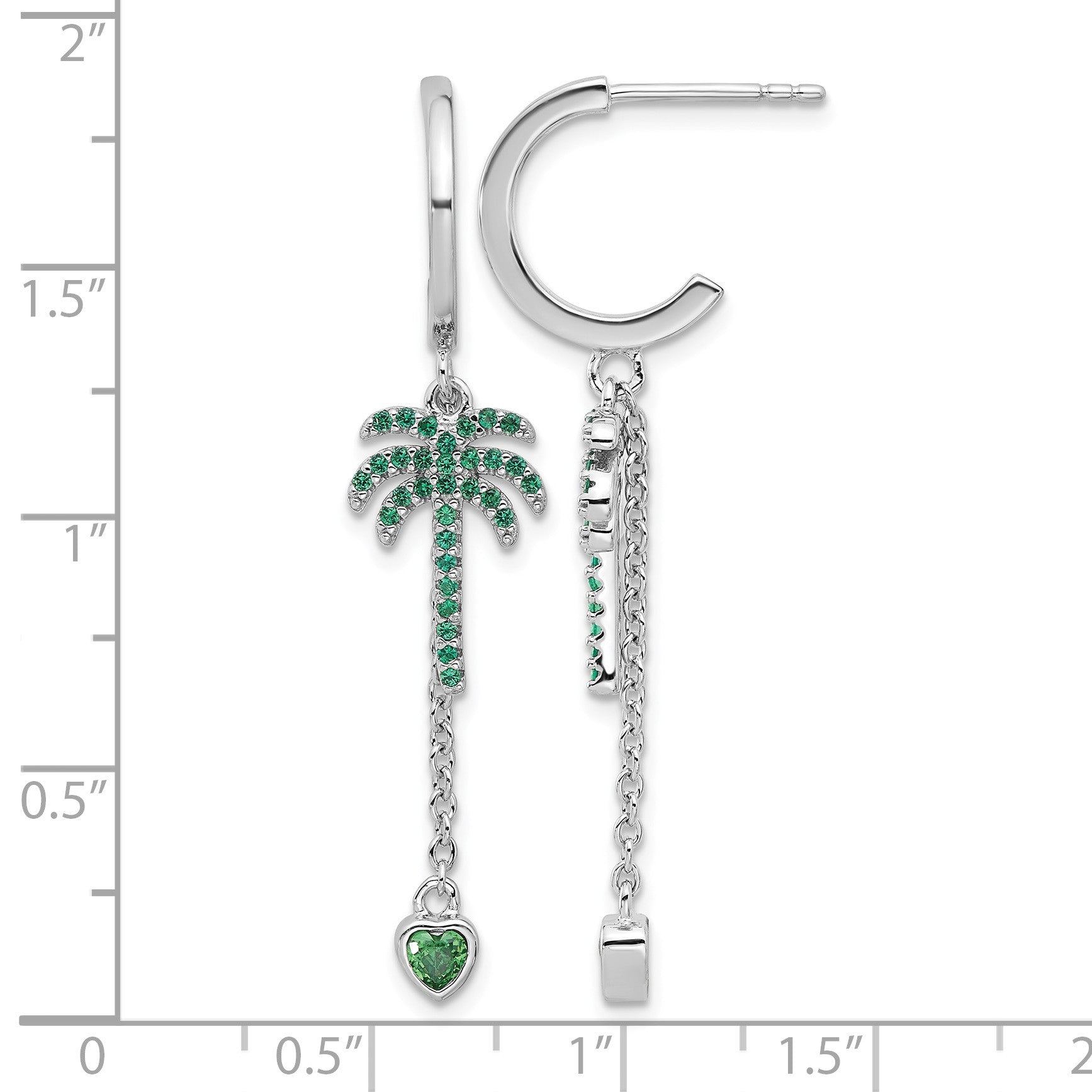 Pure Fire  Sterling Silver Rhod-plated Green CZ Palm Tree Heart Post Hoop E