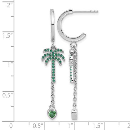 Pure Fire  Sterling Silver Rhod-plated Green CZ Palm Tree Heart Post Hoop E