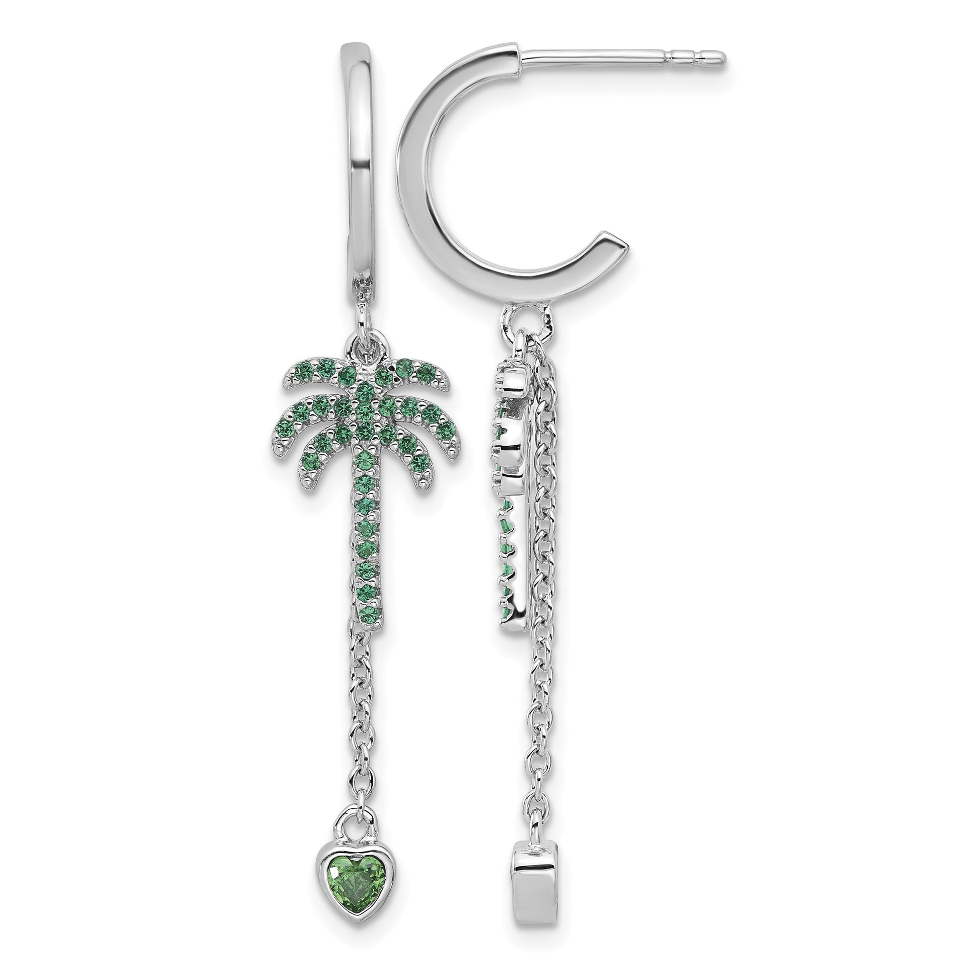Pure Fire  Sterling Silver Rhod-plated Green CZ Palm Tree Heart Post Hoop E
