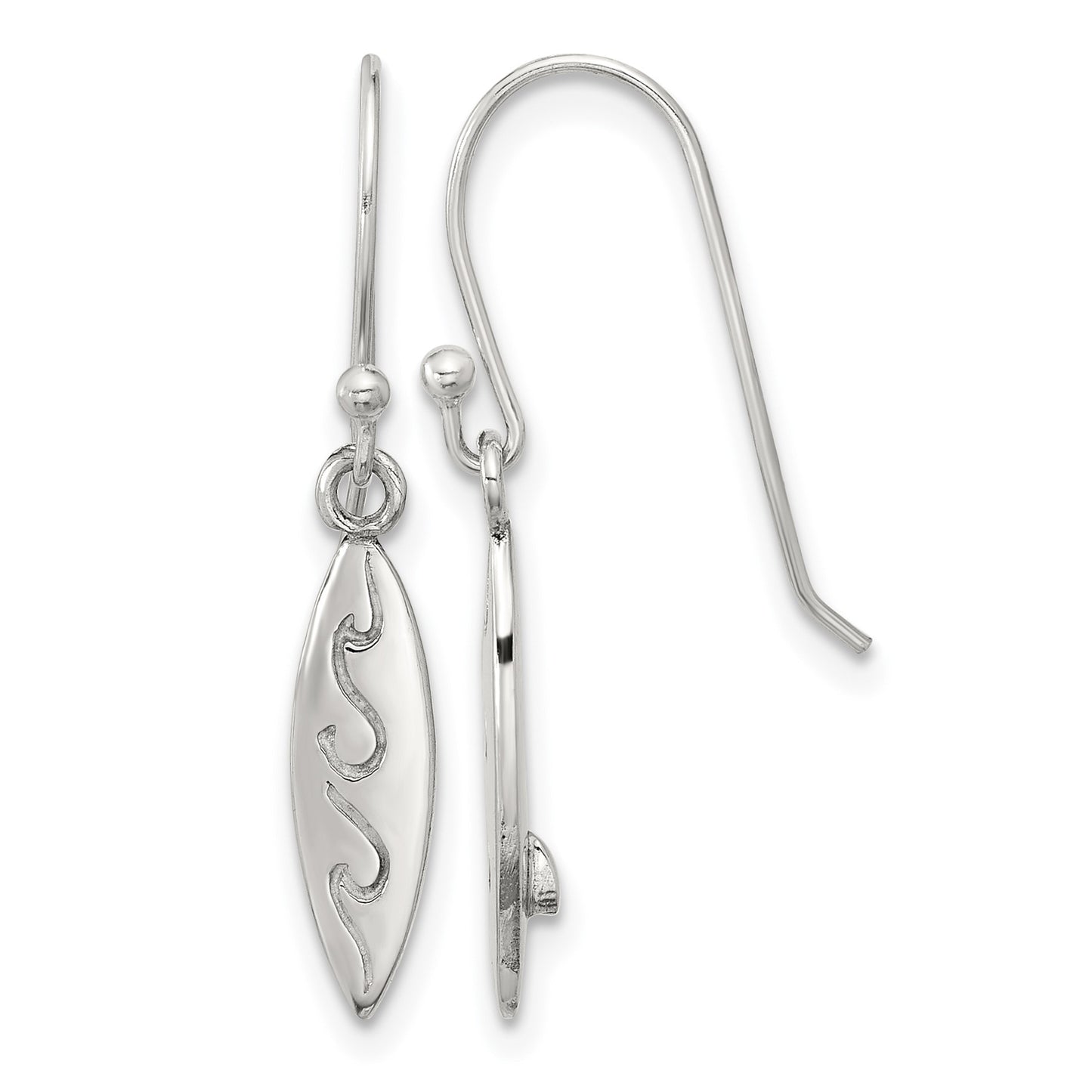 Sterling Silver Polished Etched Waves Pointed Oval Earrings