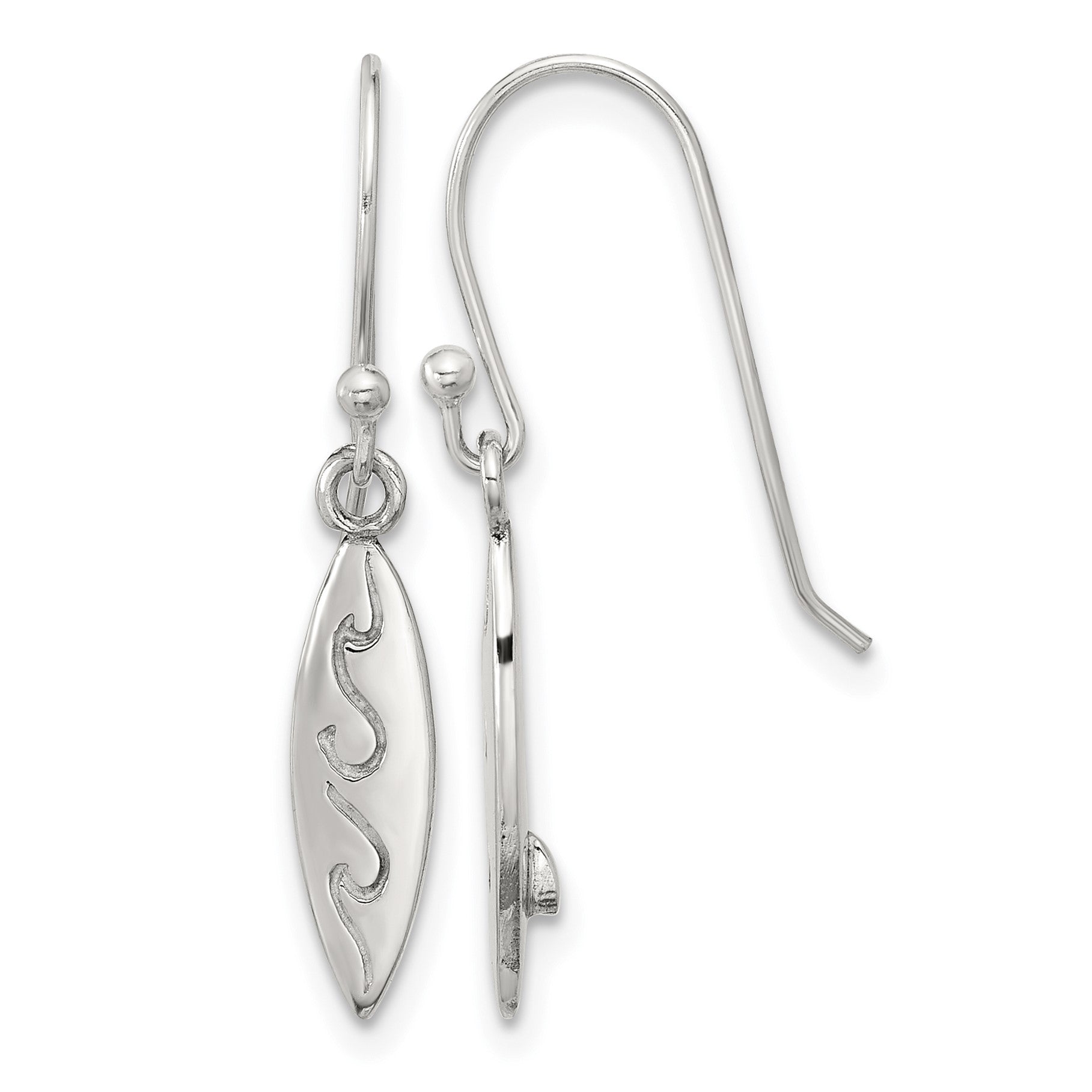 Sterling Silver Polished Etched Waves Pointed Oval Earrings