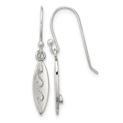 Sterling Silver Polished Etched Waves Pointed Oval Earrings