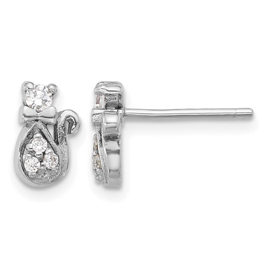 Sterling Silver Rhodium-plated CZ Cat Post Earrings